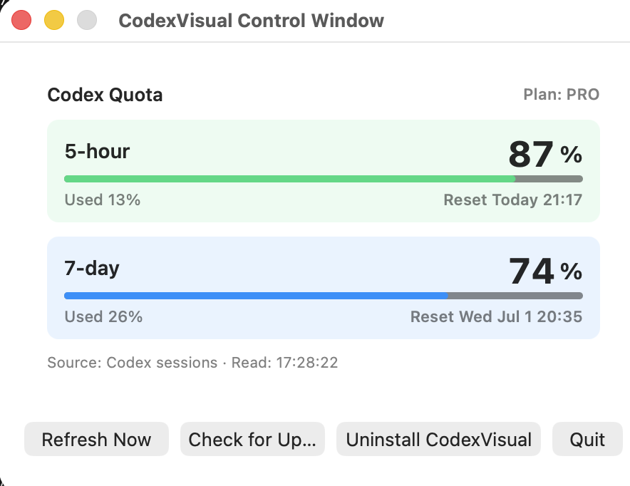CodexVisual control window with a weekly quota card, reset time, data source, and settings