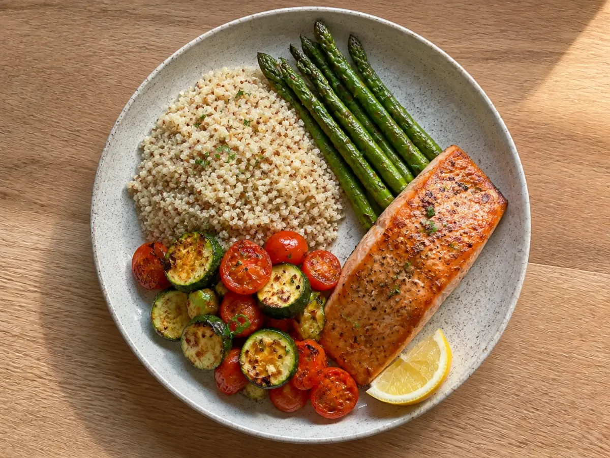 Dinner: seared salmon, quinoa, asparagus and roasted vegetables
