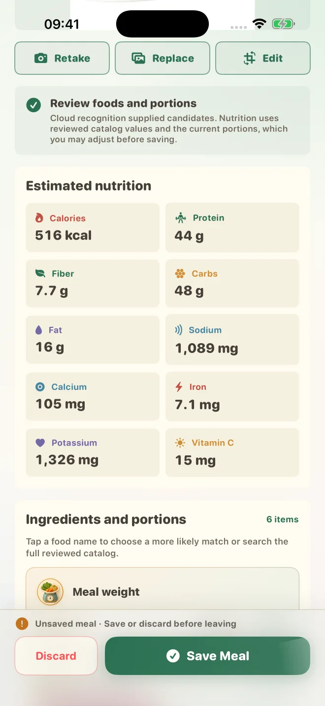 Meal review: confirmed foods, portions and nutrition estimates
