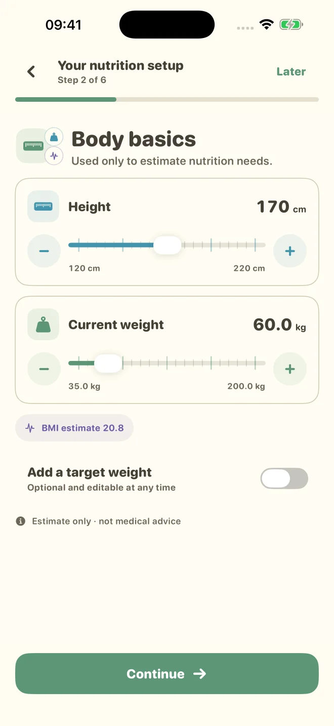 Personal profile and daily nutrition targets